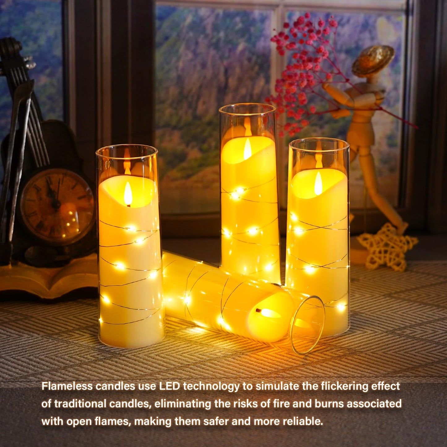 Eebuss Flameless Candles with Embedded Star String, Battery Operated LED Pillar Candles with Timer and Remote Control,Home Decorating for Ambiance， Set of 9 (Ivory)
