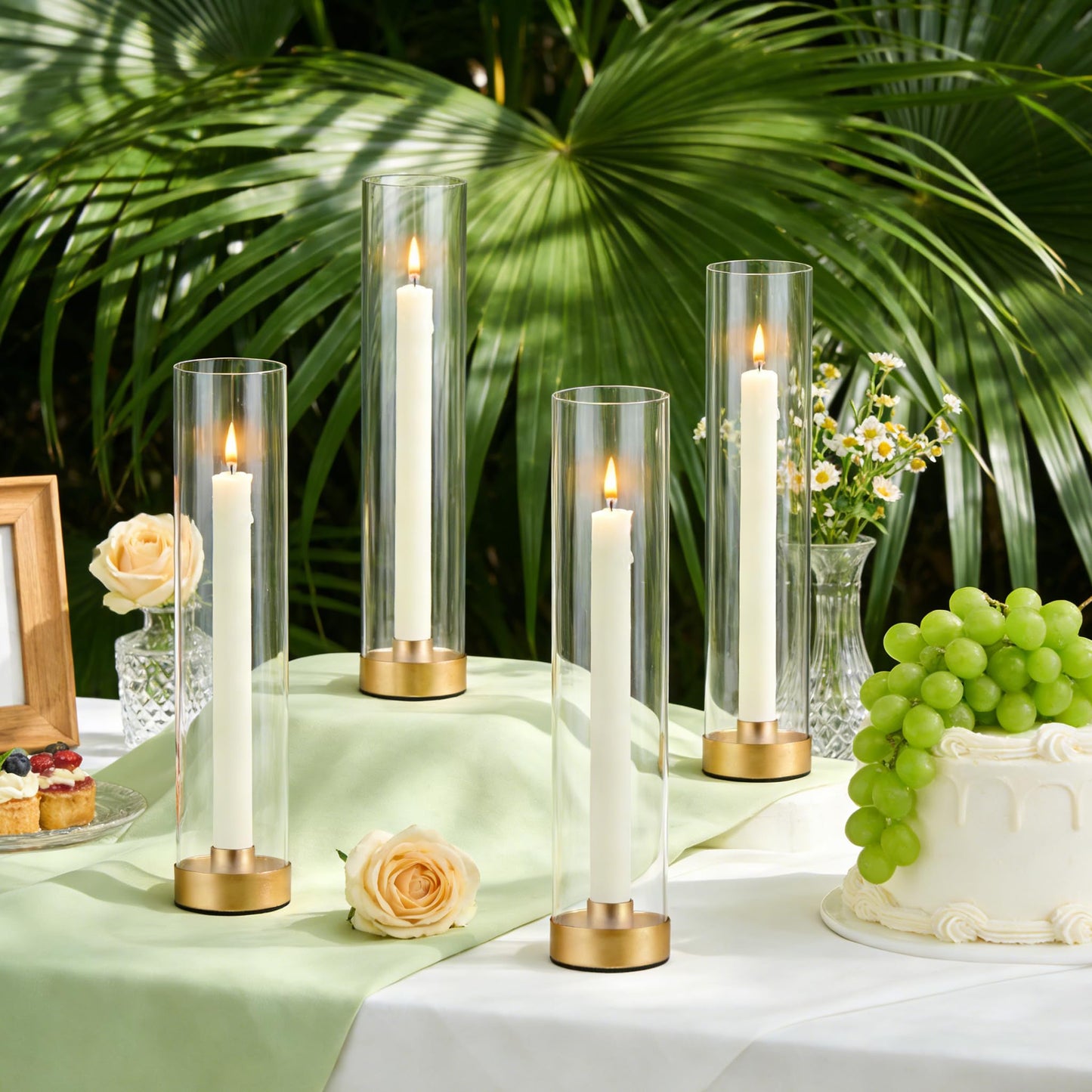 Hurricane Candle Holders Golden Taper Candle Sticks Holder, with 11" Thickened Glass Cylinder Covers Tall Candlesticks Holders Bulk Set of 4, Dining Table Centerpiece for Wedding
