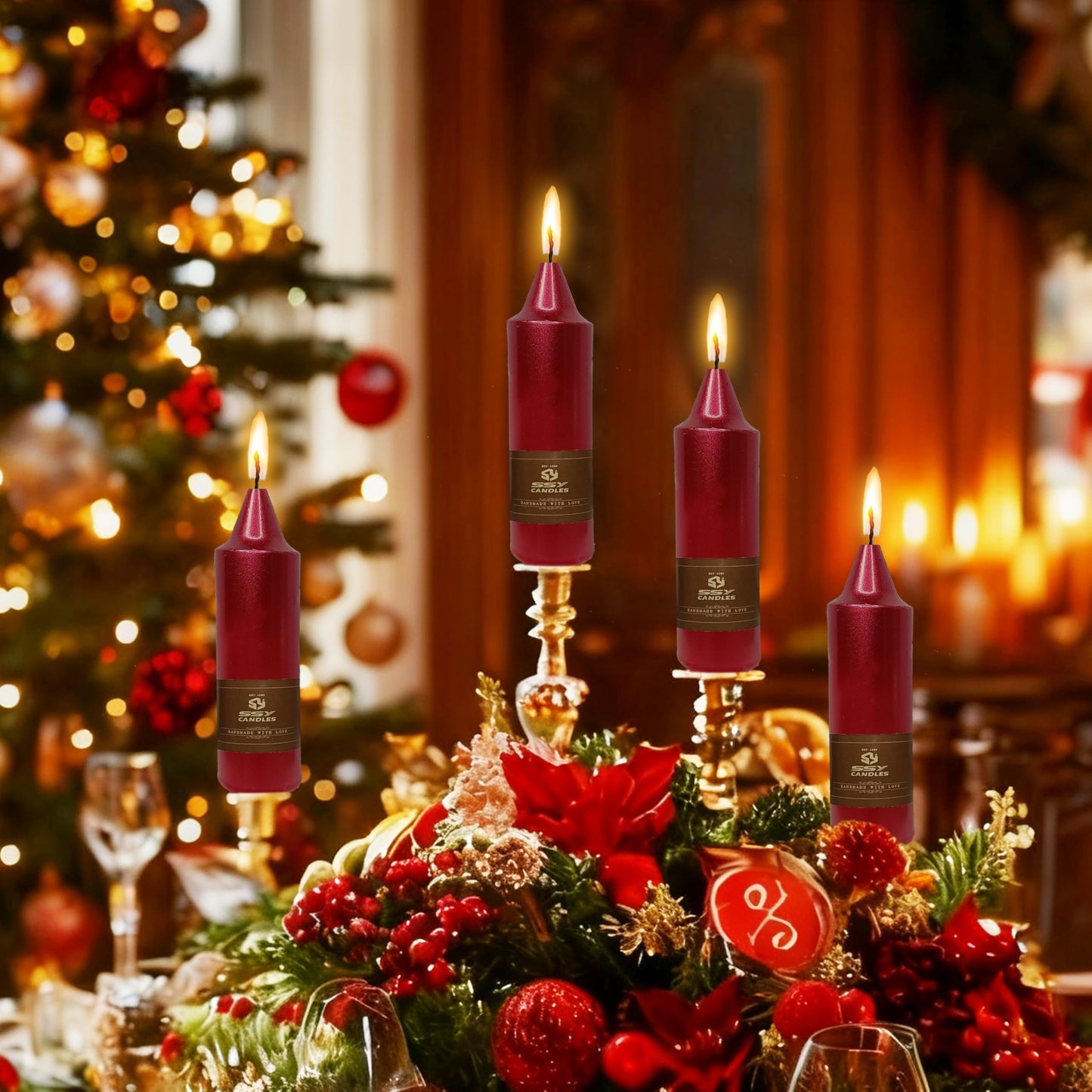 Christmas Metallic Red Candle 5 Inch Short Smokeless Taper Candles 4 Pack Unscented Dinner Candle for Christmas Dinner