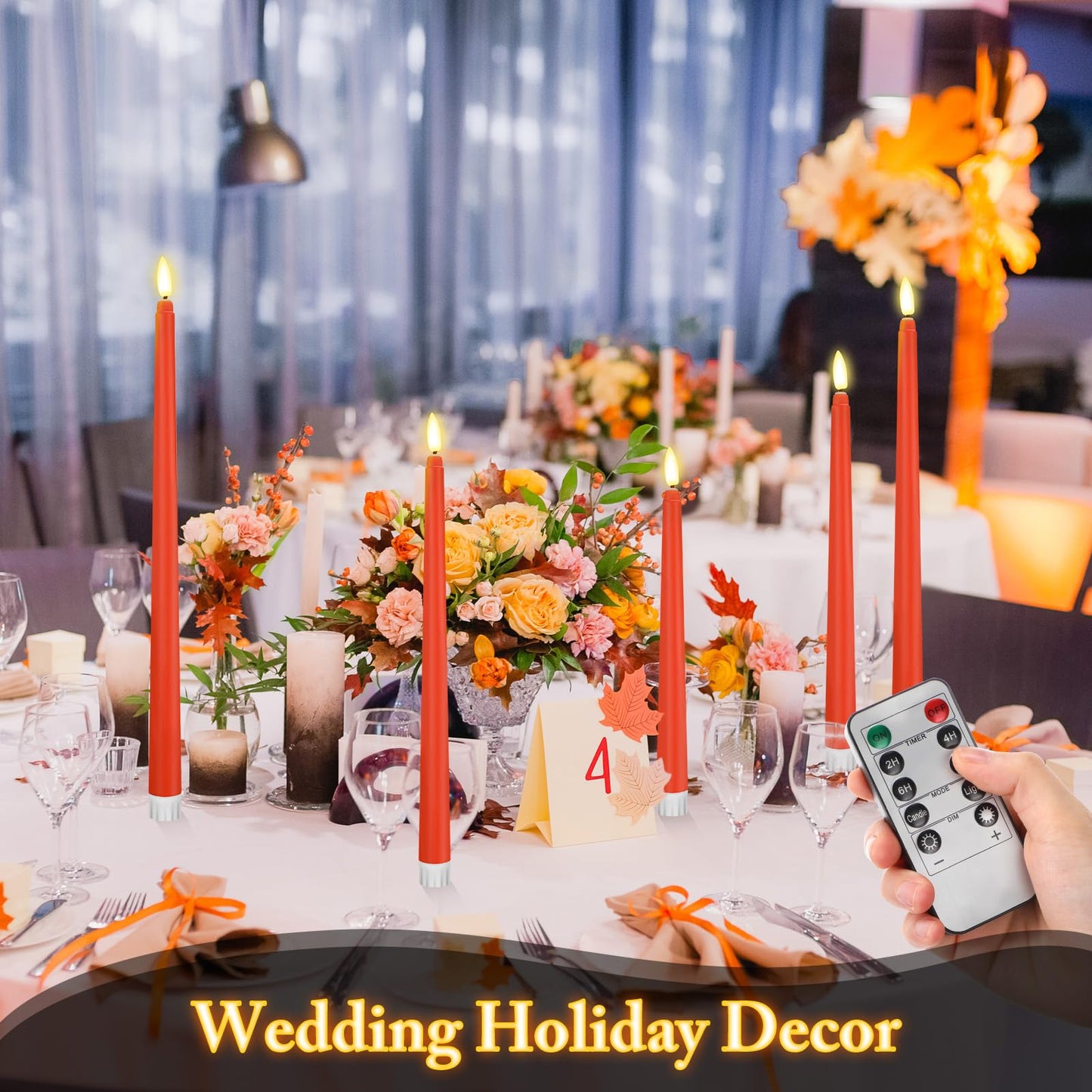 Rossesay 28 Pcs Flameless Taper Candles with Timer Remote 4 Sizes of 8.5", 9.6", 10.83", 12.8" LED Flickering Taper Candles Battery Operated for Valentine's Day Church Wedding Home Decor(Orange)