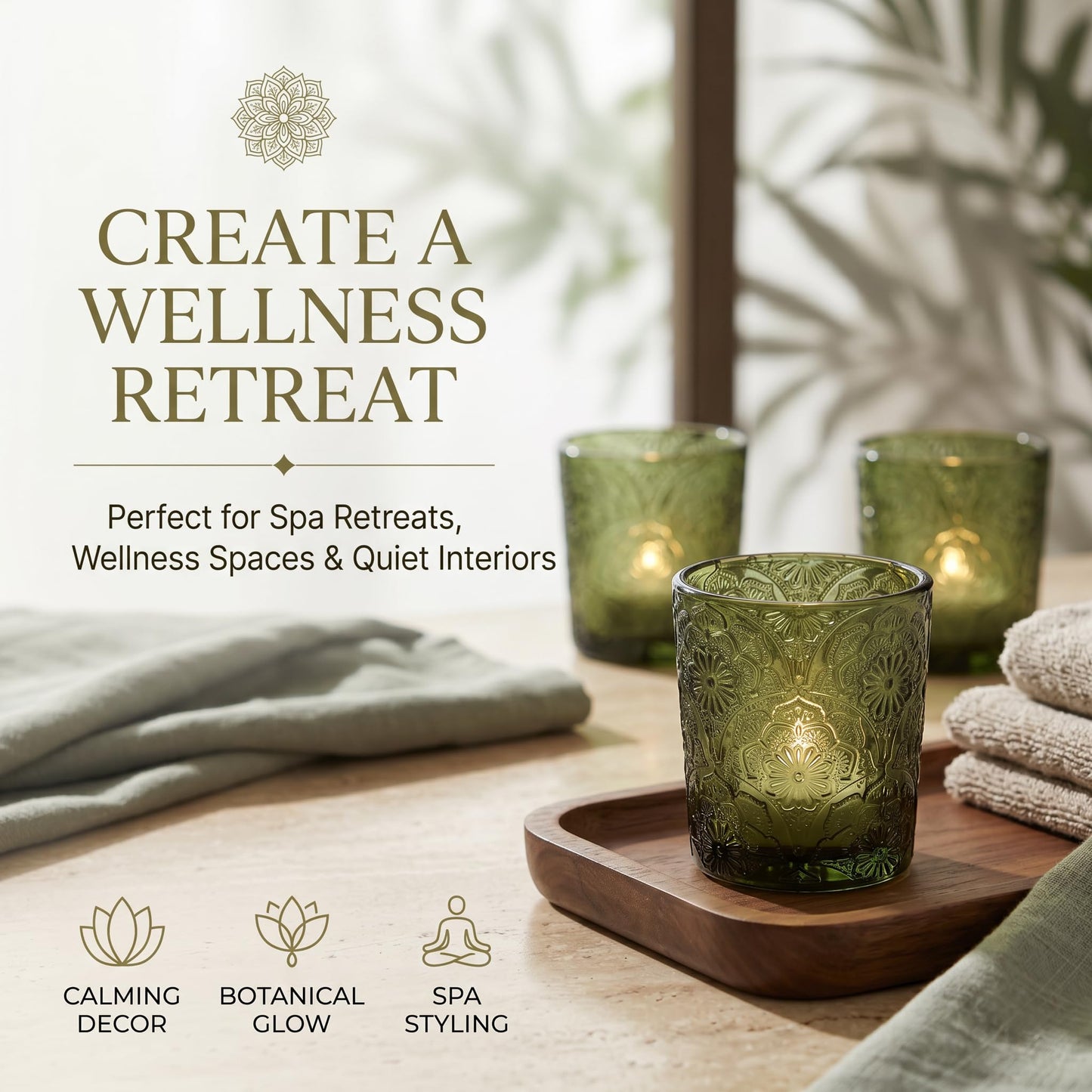 12 Pack Mandala Embossed Glass Candle Holders – Votive Tealight Holders with Patent Design, Decorative Embossed Glass Cups for Wedding Centerpieces, Parties, and Home Décor (Moss Green)