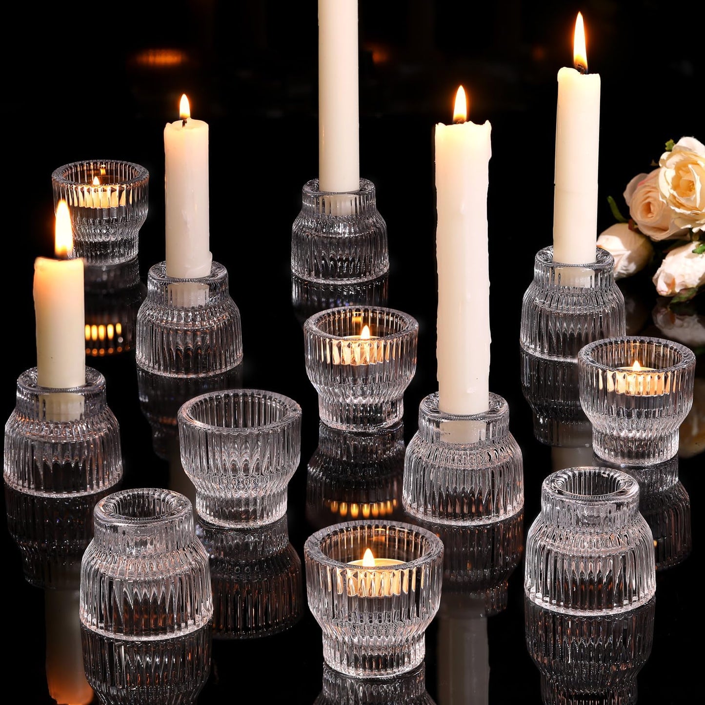 HAVITI 12 Pack Clear Taper Candle Holders, Glass Candlestick Holders, Tea Light Candle Holder for Fall Wedding Centerpieces Table Decorations, Votive Candle Holders for Table Decor
