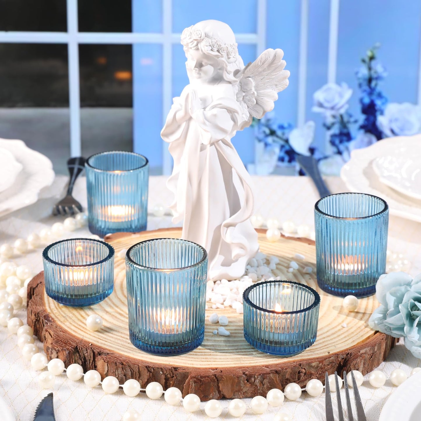 NITIME 20pcs Ribbed Blue Votive Candle Holders, Assorted Tea Lights Candle Holder, Blue Glass Candle Holders for Table Centerpiece, Wedding Table Settings and Party Decorations