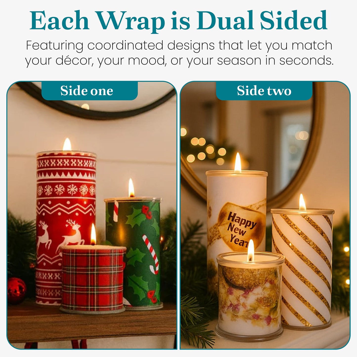 Wrap A Candle Holiday Wrap Pak – Dual-Sided Decorative Candle Wraps, 8 Holiday Designs, Reusable & Interchangeable, Year-Round Home Décor