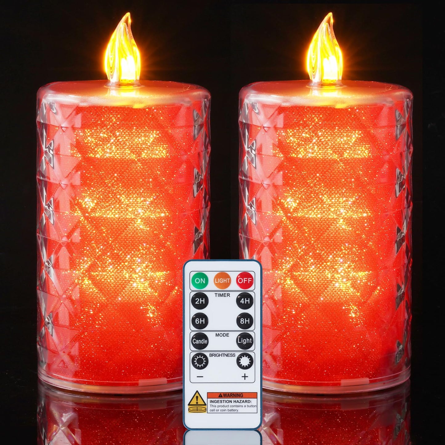 Homemory Battery Operated Candles with Remote, 2 Pcs Timer Flickering LED Fake Candles, Flameless Candle with Crystal Shell and Embedded Glitter for Wedding, Home & Christmas Decor, Red