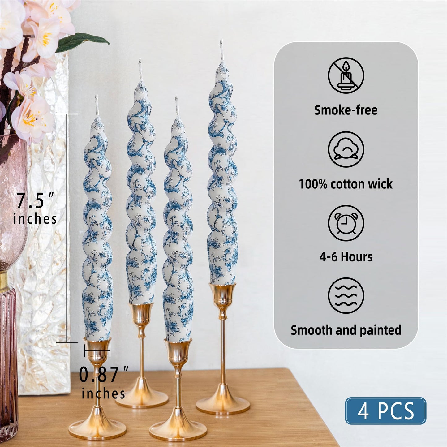 Gedengni Spiral Candle Sticks Printed Candlestick,Set of 4 Long Taper Candle Colorful Twisted Candlesticks 10 inches Blue Flower Tapered Candles for Home Wedding Women Gifts (2D4T-BLUFLW)