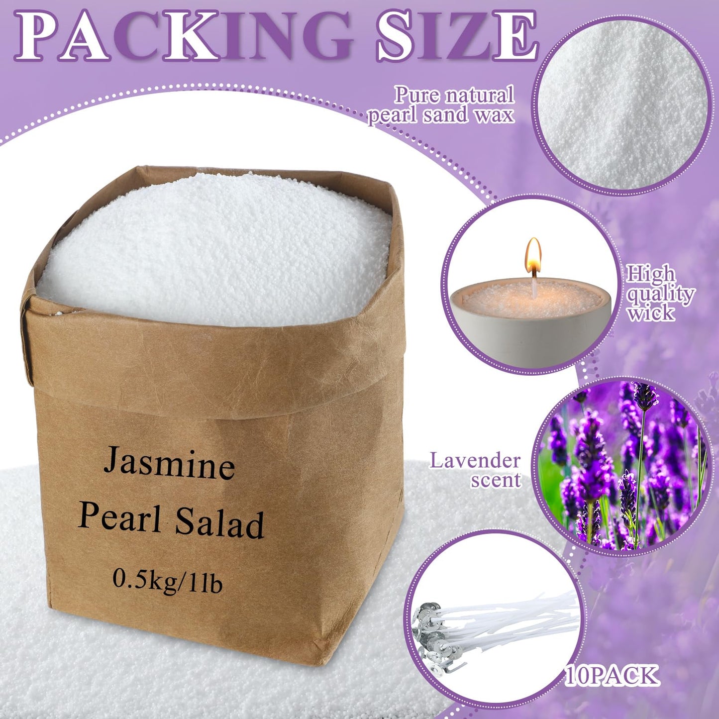 Conelist 1lb Lavender Scented Pearled Candle Sand Wax Set Customized Powder Making Candles Refill Kit Palm Wax All Natural Non Toxic with 10 Wicks for Graduation Thank You Teacher Gifts DIY Making