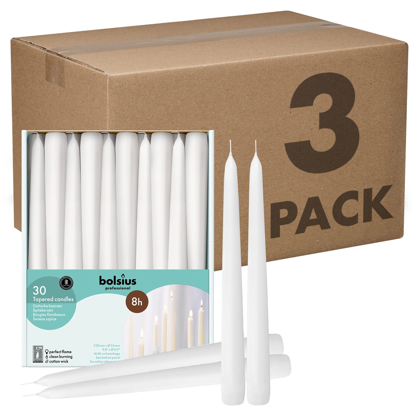 BOLSIUS White Taper Candles - 3 Packs = Total 90 Candles - 8 Hours - Premium European Quality - Consistent Smokeless Flame - Unscented Dripless Candlesticks