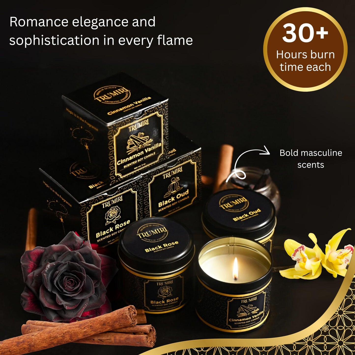 Candle Gift Set of 3 Sage Pine|Jasmine|Black Rose Strong Scented Soy Candels Natural Non Toxic Velas Aromáticas Favors for Women Coworkers Friends Guests Also for Fall Diwali Christmas Holidays