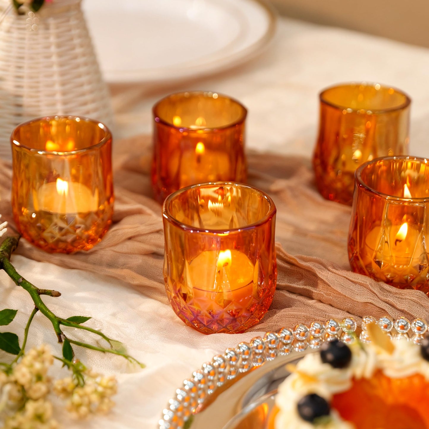 12 Pcs Votive Candle Holders, Amber Glass Tea Lights Candle Holder in Bulk for Table Centerpiece, Tealight Candle Holders for Wedding, Party, Home, Bridal Shower, Birthday