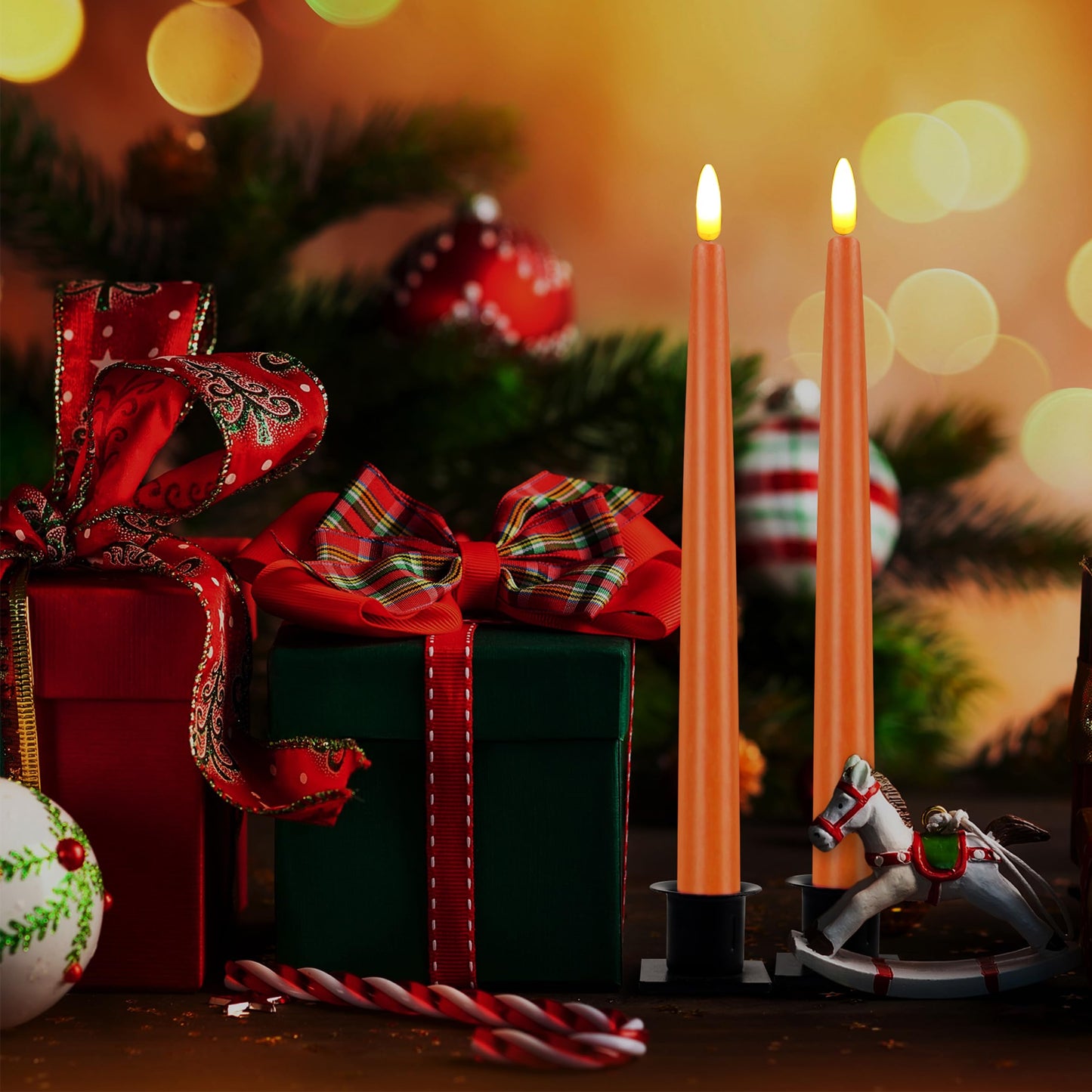 CVHOMEDECO. Flameless Taper Candles with 10-Key Remote, Battery Operated Led Flickering 3D Wick Window Candles Real Wax Finished Home Christmas Party Decor 0.78 x 11 Inch, Pack of 2 (Orange)