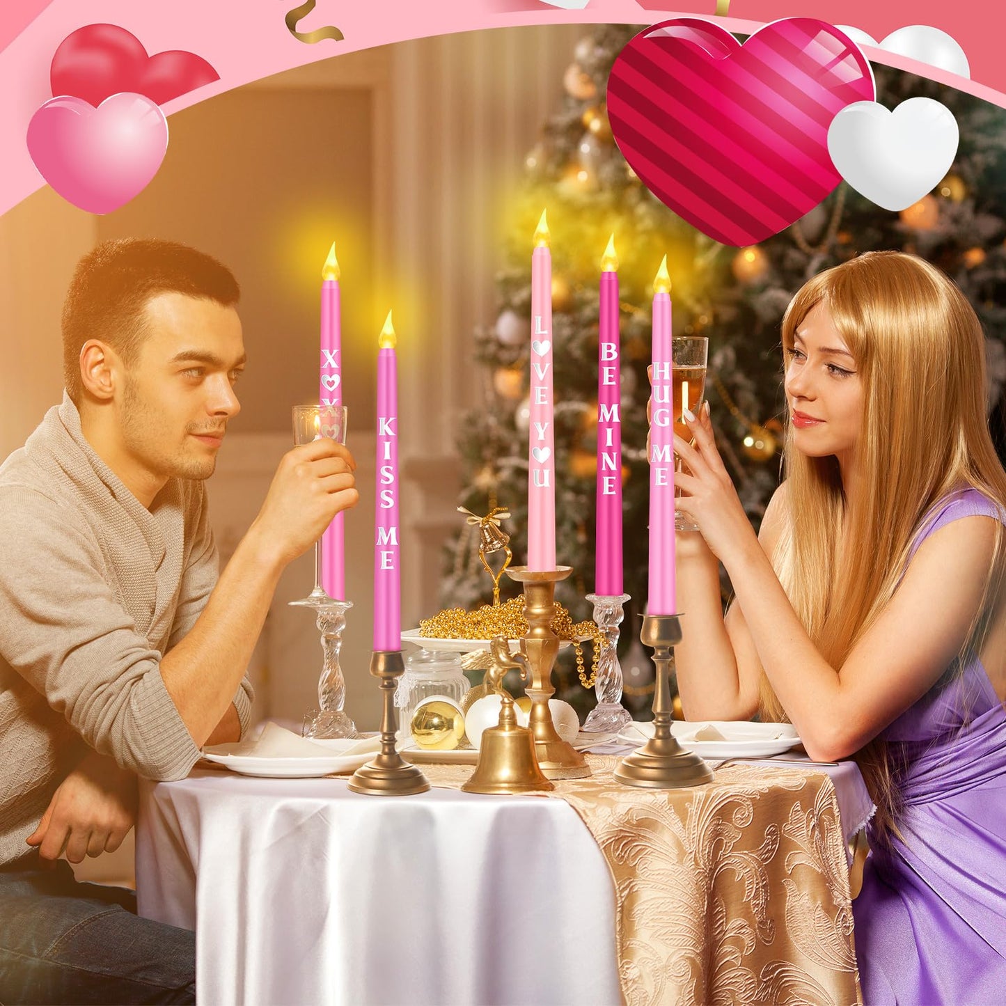 Aurelema 5 Pcs Valentines Day LED Flameless Candle Set Valentine Day Conversation Flameless Taper Candles with Words Battery Operated Seasonal Celebration with Remote for Wedding Romantic Night