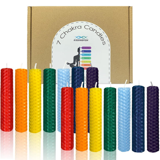 Small Beeswax Taper Candles 14 Pack, 5" Short Candle Sticks, Dripless & Unscented Candles, 2 Hours Burn Time, Chakra Candles in 7 Assorted Colors by Kissingfish