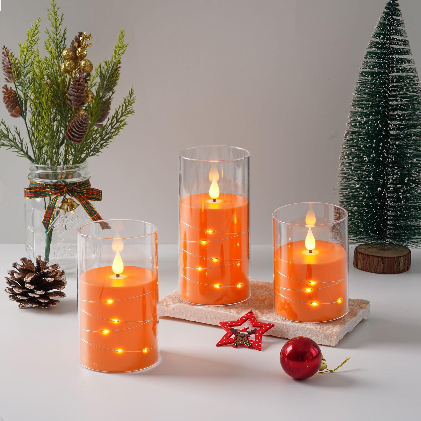Da by Flickering Flameless Candles with Remote,Acrylic LED Candles with Embedded Star String,Battery Operated Candle, for Home and Holiday Decoration Set of 3（Orange） (Pack of 2)
