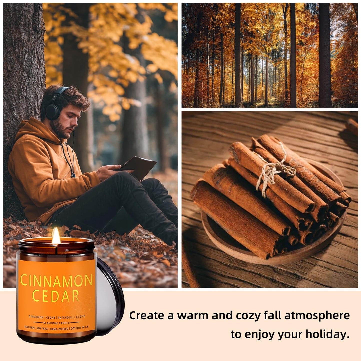 Fall Candles, Cinnamon & Cedar Scented Soy Candles, Autumn/Holiday/Halloween/Birthday/Christmas Gifts for Women & Men, 50-Hours Burning Time (7Oz)
