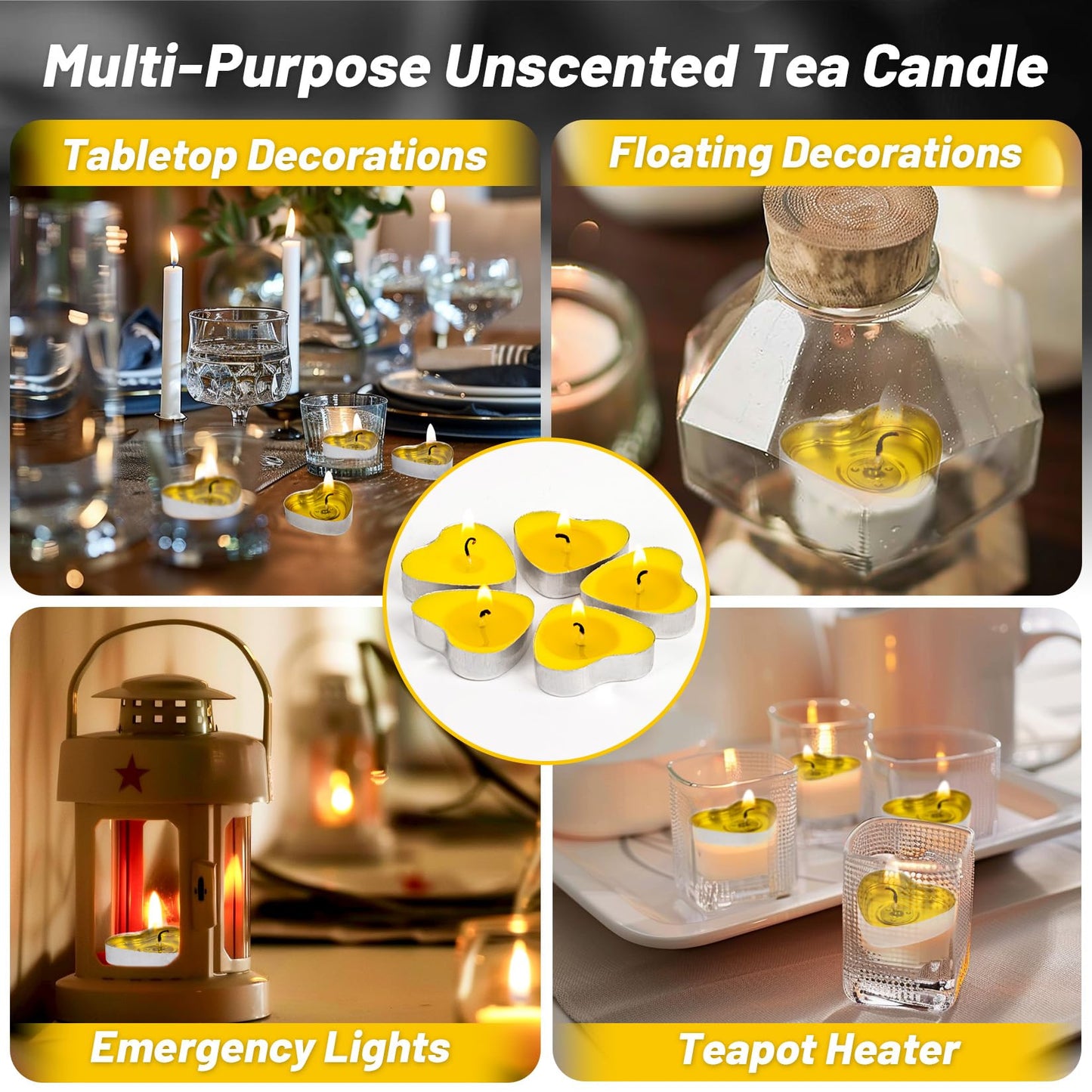MAQIHAN Tea Lights Candles Set - 30 Pcs Heart Shaped Tealight Candles Smokeless Tea Candle Unscented Soy Candle for Dating, Weddings, Anniversaries(Yellow)