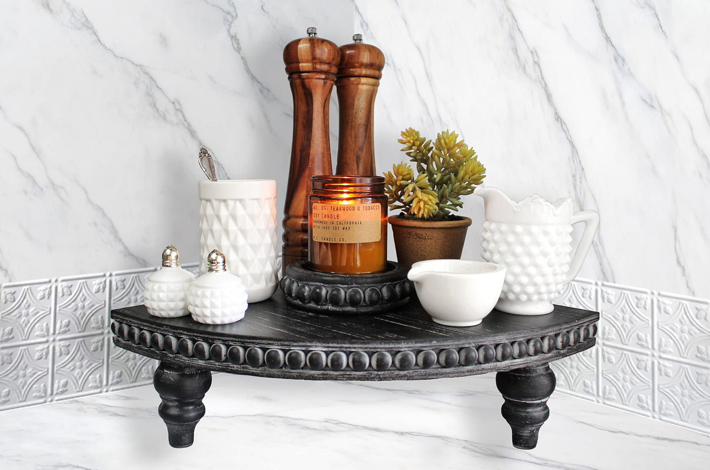 Felt Creative Home Goods Set of 2 Round Rustic Wood Beaded Risers - Sturdy 2-Sided Stackable Decor Pedestal Stands for Tiered Tray, Candle, Mug Display (Rustic Black, 5 inch)