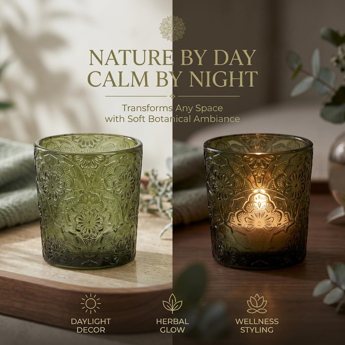 6 Pack Mandala Embossed Glass Candle Holders – Votive Tealight Holders with Patent Design, Decorative Embossed Glass Cups for Wedding Centerpieces, Parties, and Home Décor (Moss Green)