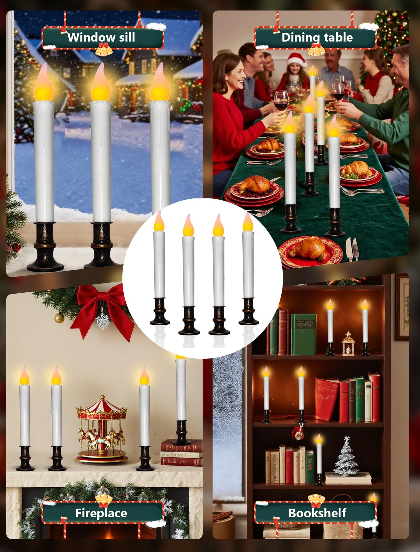 4 Pcs Christmas Window Candles with Timer, 9’’ LED Battery Operated Window Candle Lights with Flickering Flameless Flame, LED Candlesticks for Holiday Christmas Window Table Home Decor-Bronze Base
