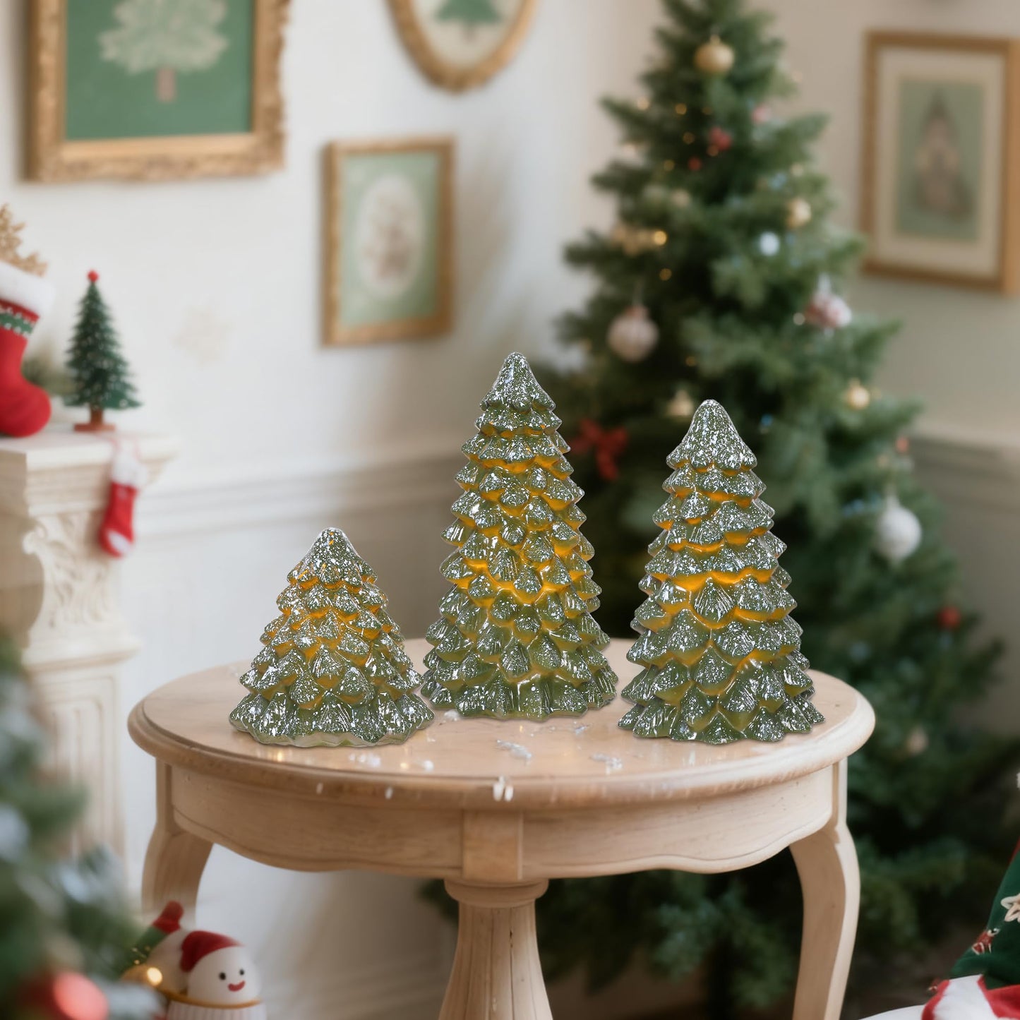 Cafemoon Christmas Tree Flameless Candles with Remote Timer, Real Wax Green LED Pillar Candles, Battery Operated 3D Flickering Flame for Holiday Decor for Mantel