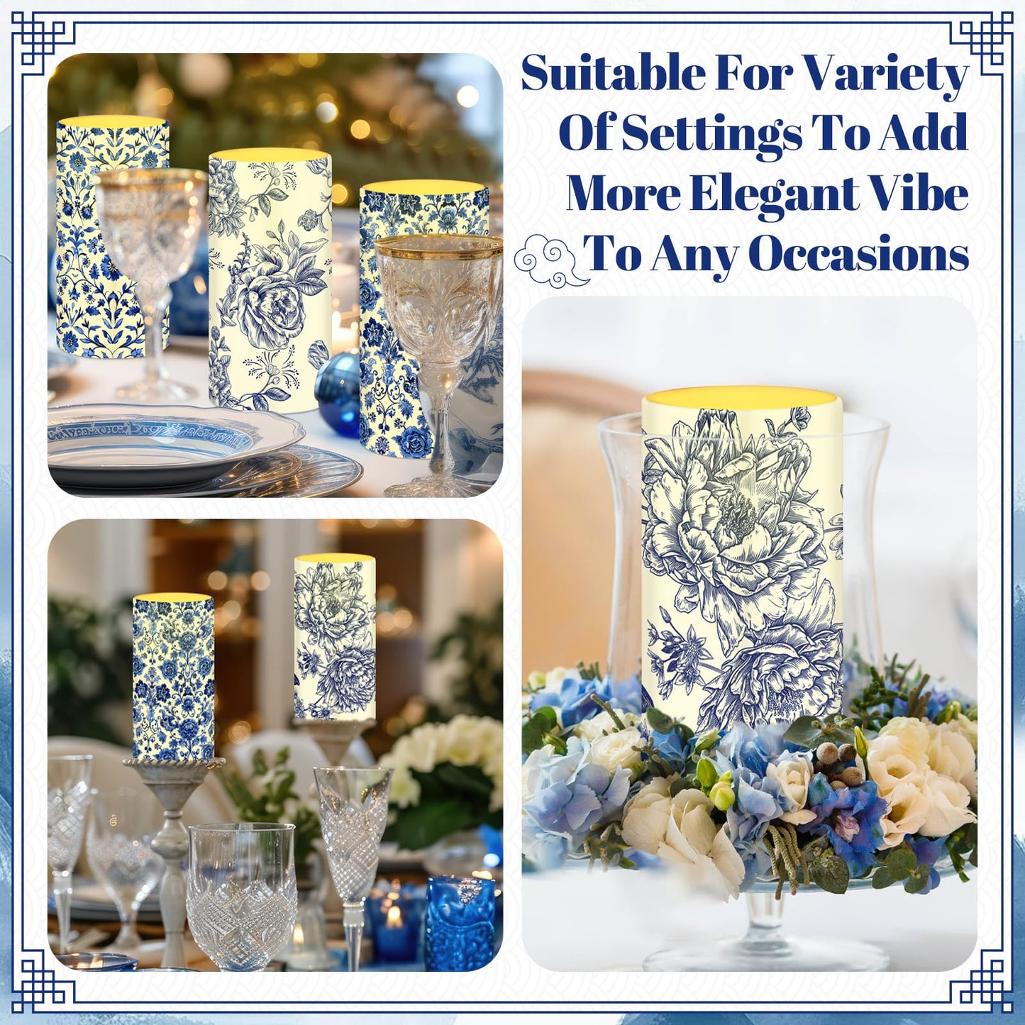 Tiamon 4 Pcs Chinoiserie Flameless Pillar Candles LED Blue and White Porcelain Candles Set Battery Operated Warm Light Flickering Chinoiserie Decor for Wedding Home Table Party Decoration