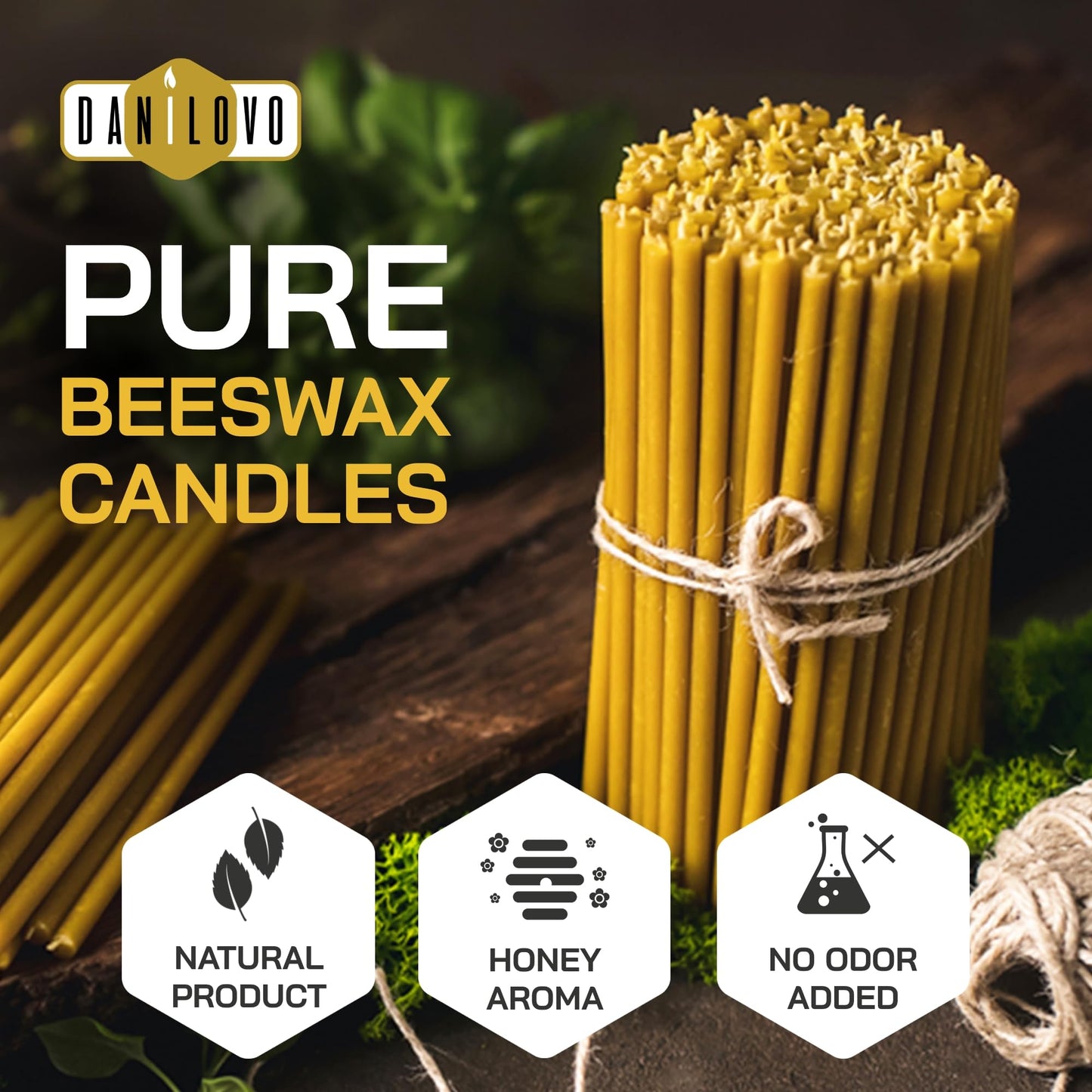 Danilovo Thin Taper Beeswax Candles - Honey-Scented, Decorative Candles Ideal for Birthday Decoration or Church Prayers - Yellow Drip Free, Tall & Smokeless Pack of 50 pcs, 6.4 x 0.22 inch