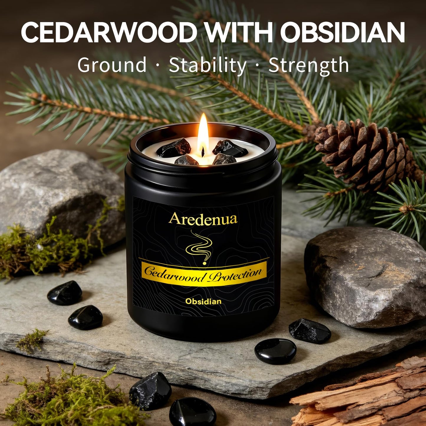 Aredenua Scented Candle with Crystal for Emotional Protection and Grounding - Cedarwood Aromatherapy Candle with Obsidian Healing Crystals, Natural Soy Wax 7oz, Strength Gift for Women Men