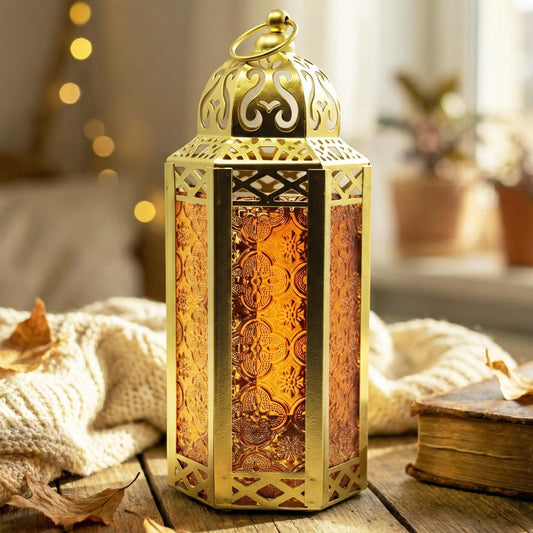 VELA LANTERNS 10.5" Gold Moroccan Candle Lantern Decorative Candle Holder Lamp for Table or Hanging, Ramadan Decorations, Indoor Home Decor, Outdoor Patio or Porch, Weddings, Amber Glass, Medium
