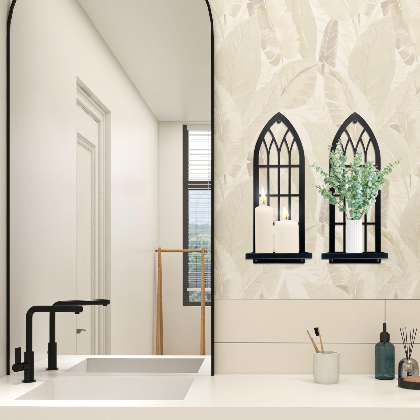 Gothic Wall Sconces Set of Two Candle Holder, Black Metal Gothic Wall Decor, Arched Church Wall Sconces, Rustic Farmhouse Home Wall Art Decor for Living Room, Bathroom, Bedroom, Dining Room(Arched)