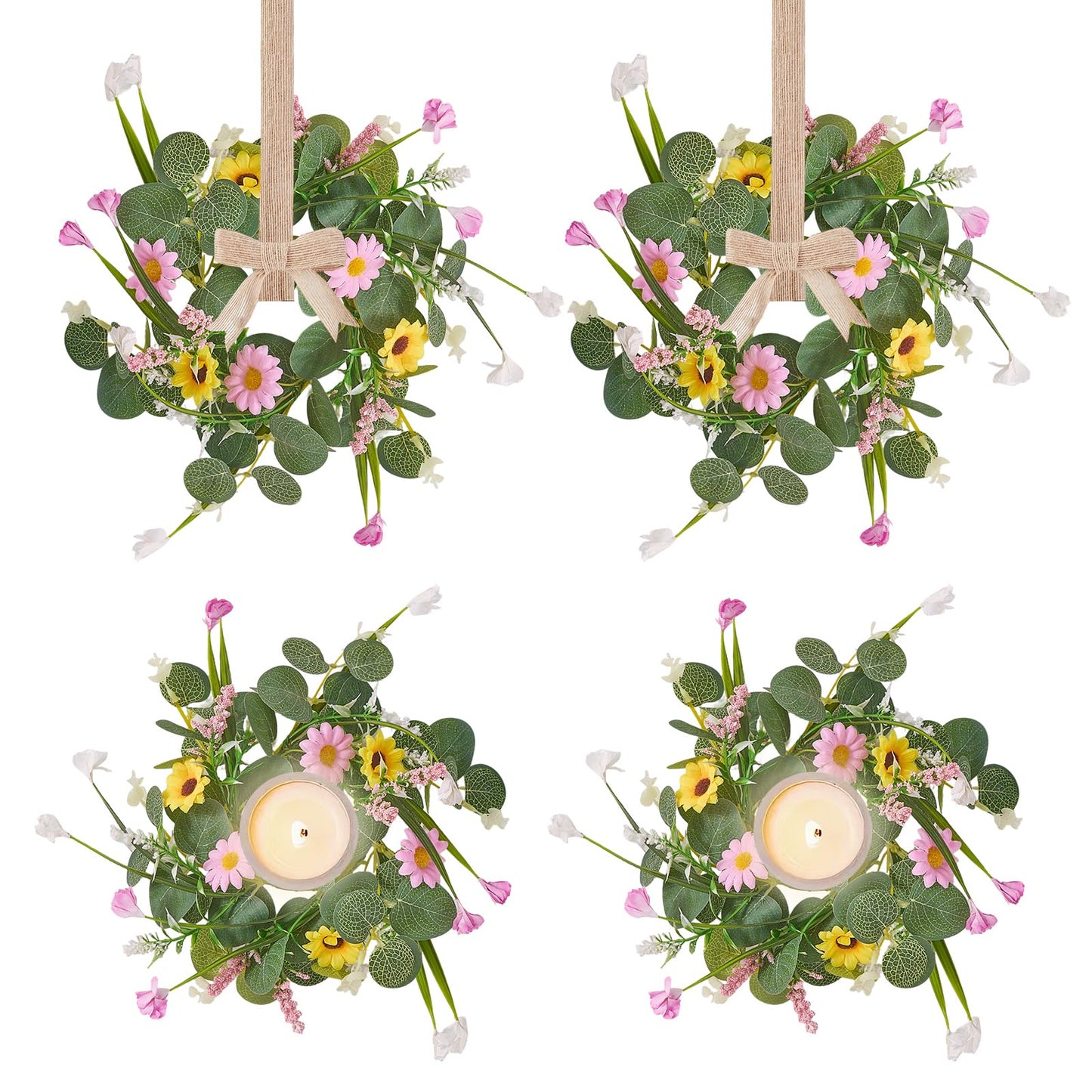 Spring Summer Wreath 4Pcs, 11.8 Inch Summer Wreath with Ribbon, Artificial Daisy Eucalyptus Leaves Grass Wreath, Hanging/Tabletop/Candle Ring Decor for Home Front Door, Porch, Wall, Window, Cabinets