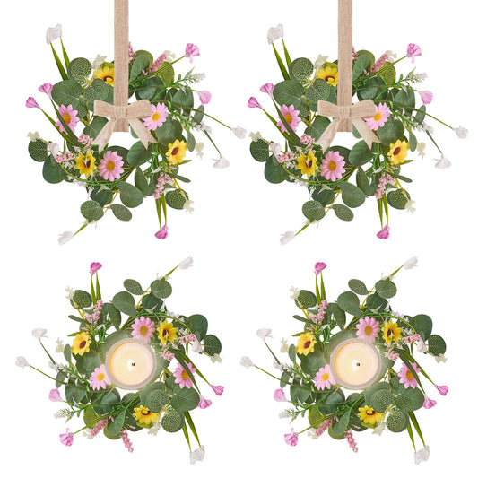 Spring Summer Wreath 4Pcs, 11.8 Inch Summer Wreath with Ribbon, Artificial Daisy Eucalyptus Leaves Grass Wreath, Hanging/Tabletop/Candle Ring Decor for Home Front Door, Porch, Wall, Window, Cabinets