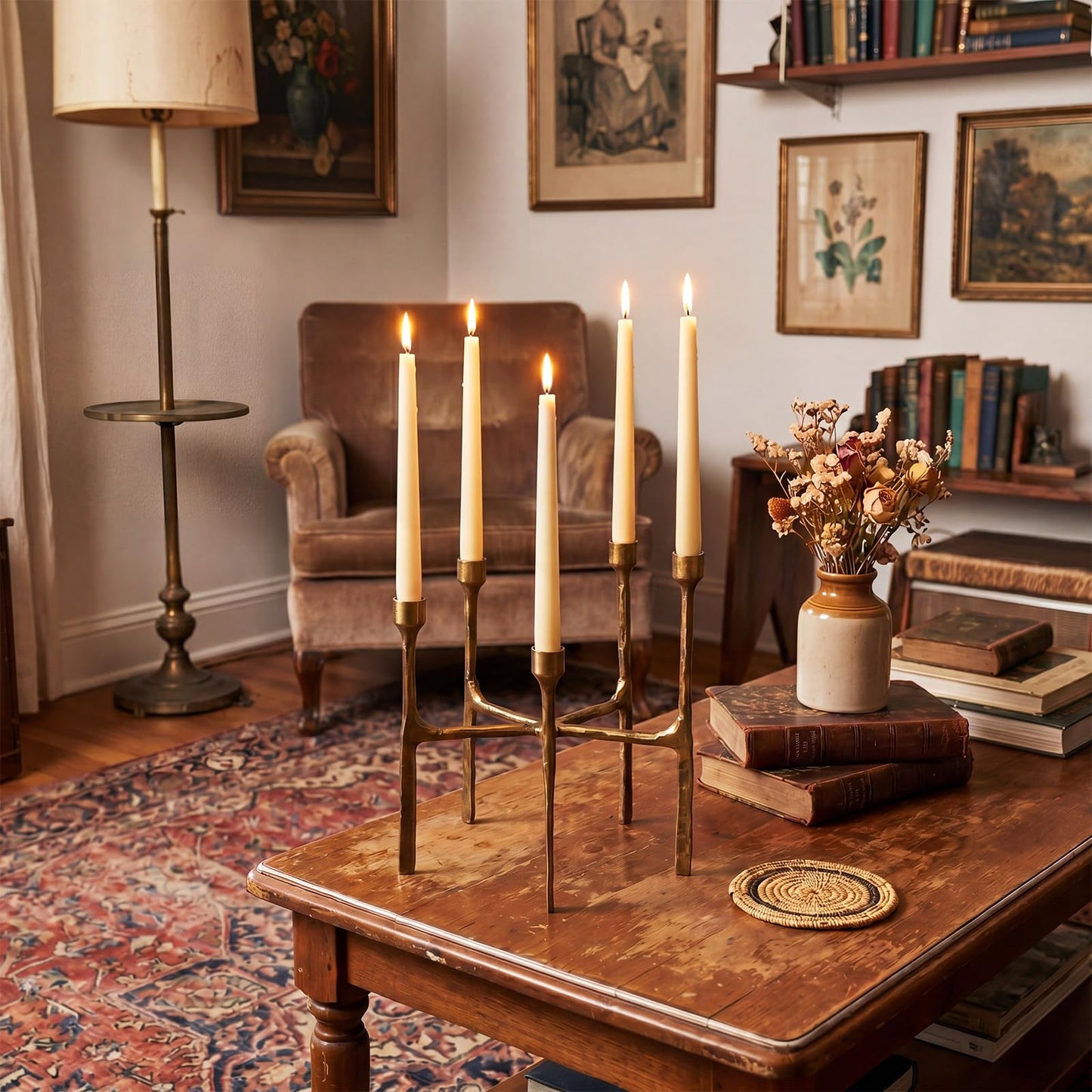 Ferrochef 5 Candle Cast Iron Candelabra Multi Head Taper Candle Holders 11.8 Inch Tall Decorative Candlestick Holders for Dining Room, Living Room or Mantel Decor
