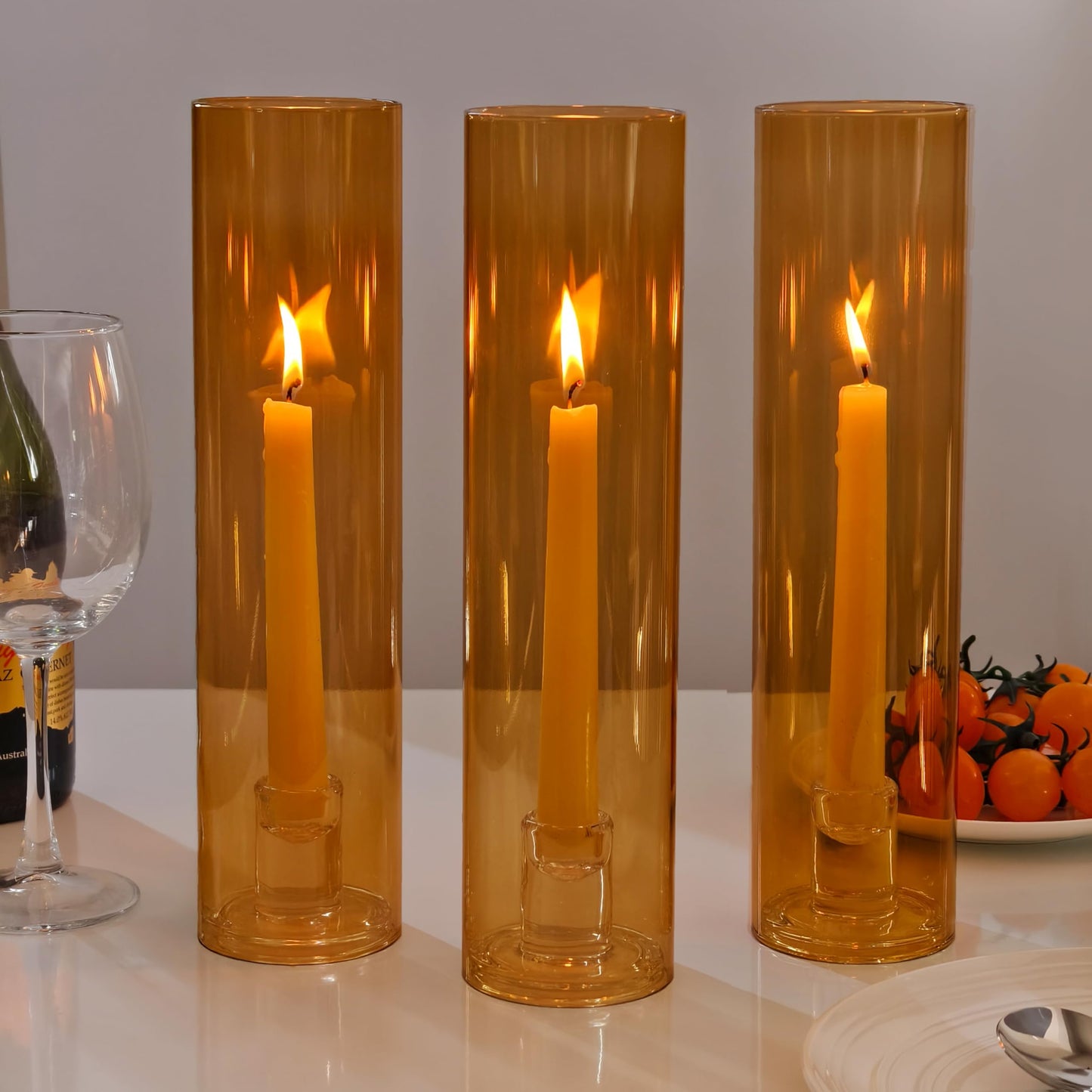 Vixdonos Glass Hurricane Candle Holder Set of 3 Modern Candlestick Holders Long Taper Candle Stand with 11.8 inch Tall Cylinder Windproof Cover for Wedding Party Table Centerpiece Outdoor