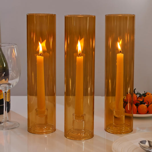 Vixdonos Glass Hurricane Candle Holder Set of 3 Modern Candlestick Holders Long Taper Candle Stand with 11.8 inch Tall Cylinder Windproof Cover for Wedding Party Table Centerpiece Outdoor