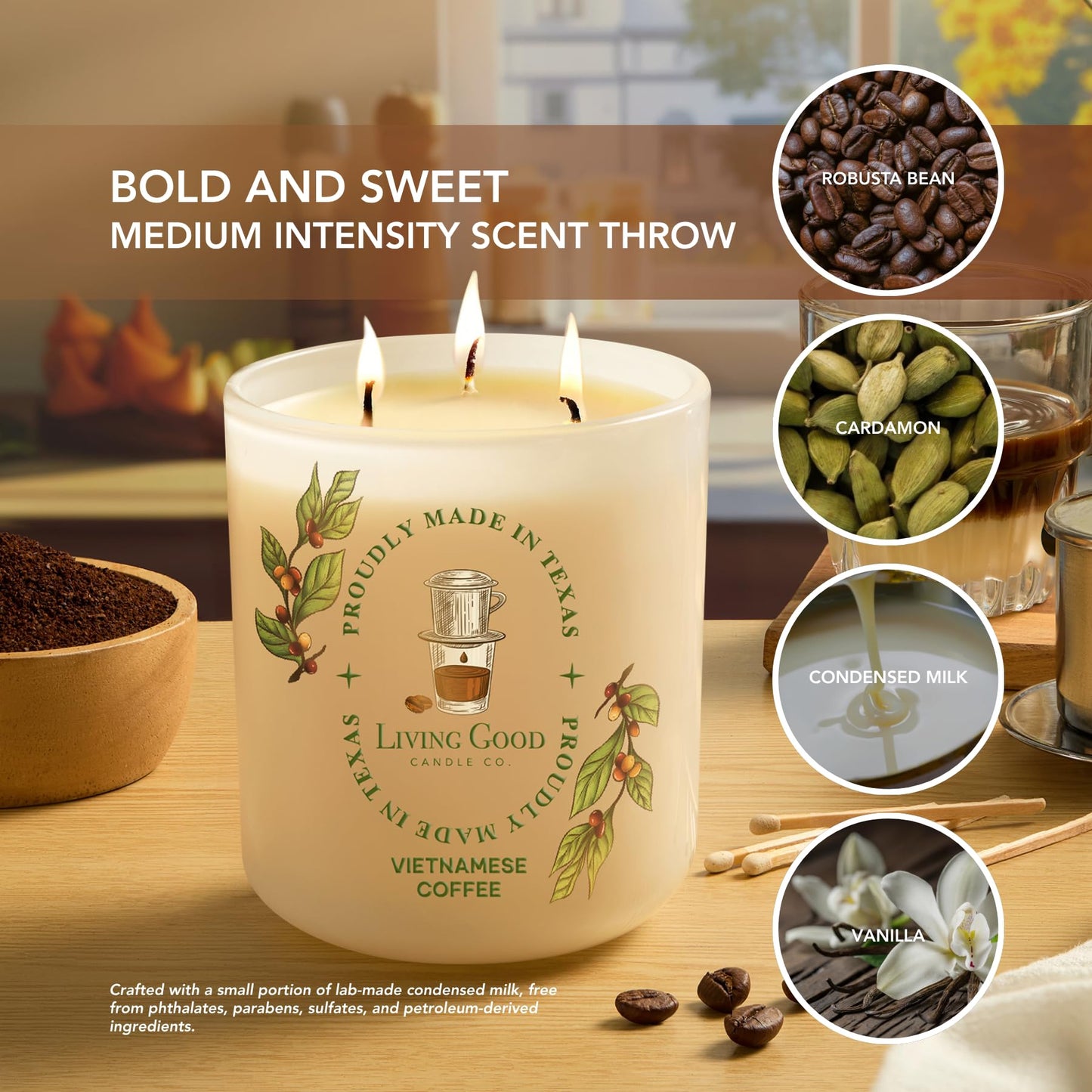 Fresh Robusta Coffee – Pure Beeswax Candle for Men and Women – Non-Toxic Scented Candle for Focus, Clarity & Mood Boosting – 90+ Hour Long Burn – Inspired by Vietnamese Coffee