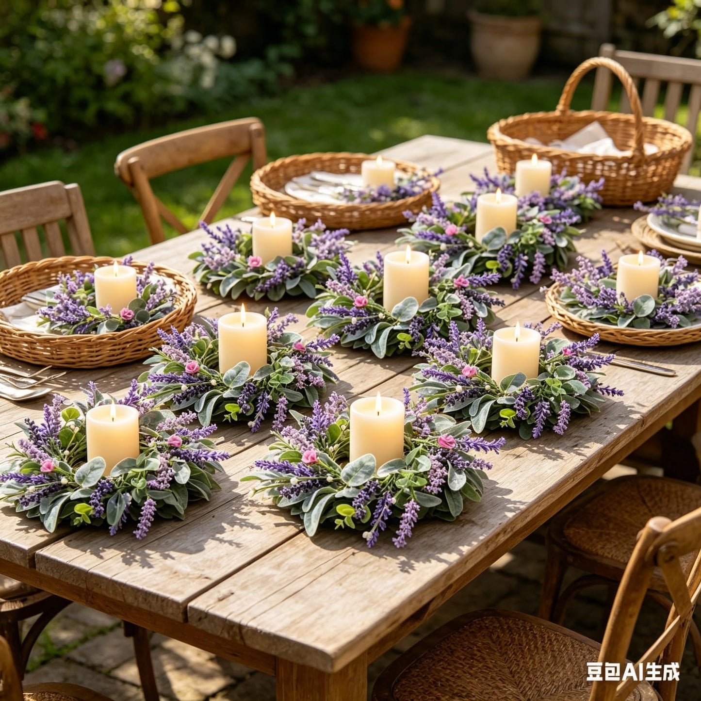 8 pcs Mini Lavender Candle Rings Wreaths Purple Daisy Pillar Holder Wreath Artificial Wild Flower Spring Summer Floral Wreath for Farmhouse Porch Cabinets Table Decoration