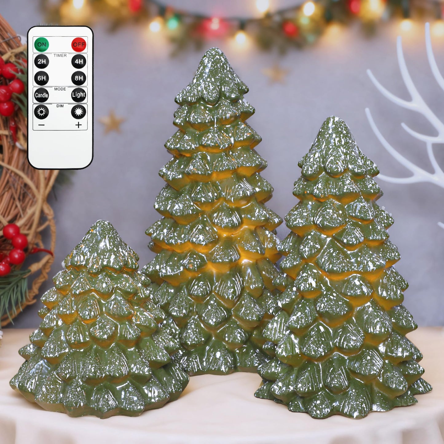 Cafemoon Christmas Tree Flameless Candles with Remote Timer, Real Wax Green LED Pillar Candles, Battery Operated 3D Flickering Flame for Holiday Decor for Mantel