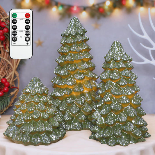 Cafemoon Christmas Tree Flameless Candles with Remote Timer, Real Wax Green LED Pillar Candles, Battery Operated 3D Flickering Flame for Holiday Decor for Mantel