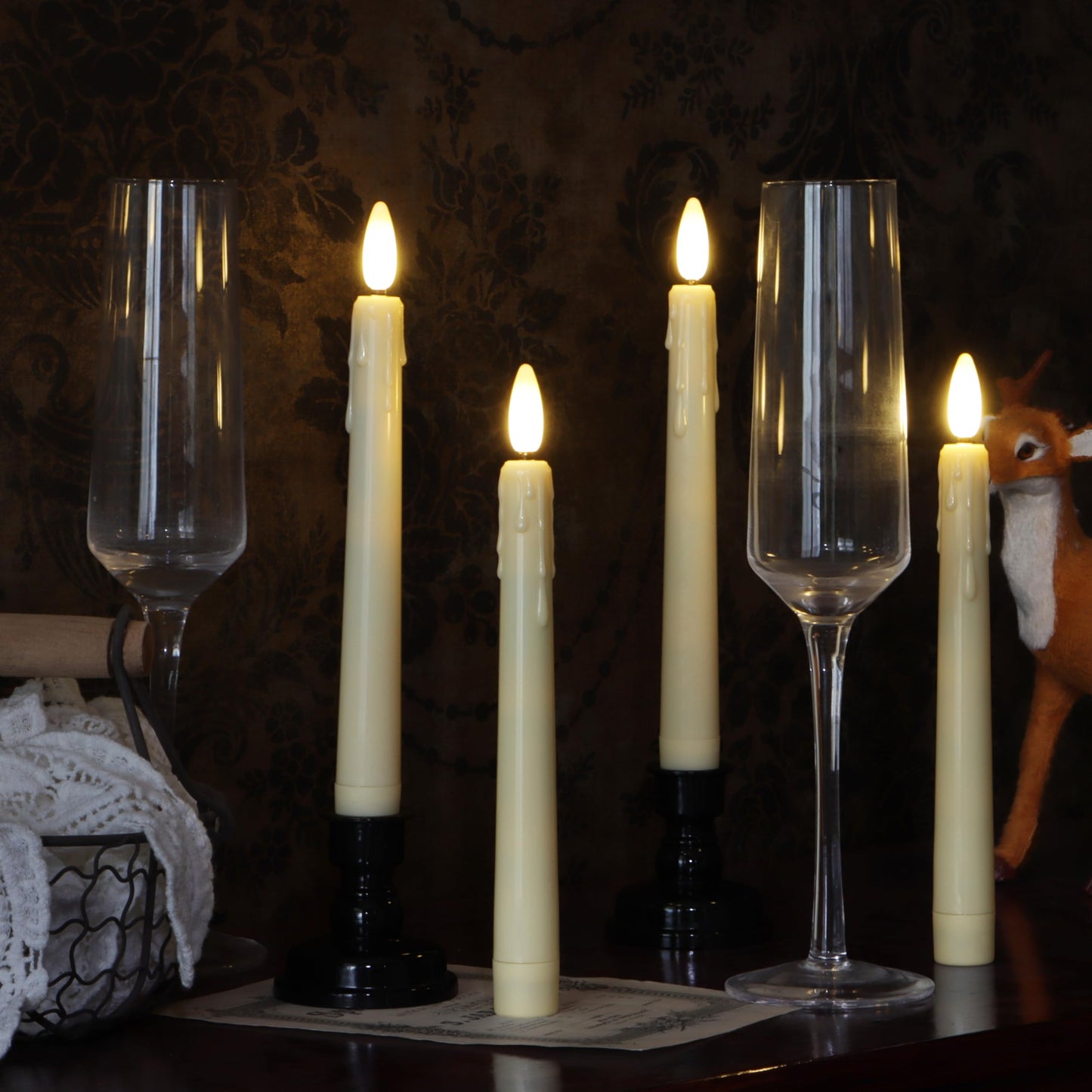 yunsheng Battery Operated LED Window Candles with Remote Timer, 8 Inches Ivory Flameless Taper Flickering Candles, Removable Black Candlesticks and Suction Cups, Holiday, Home Decor, 6 Pack
