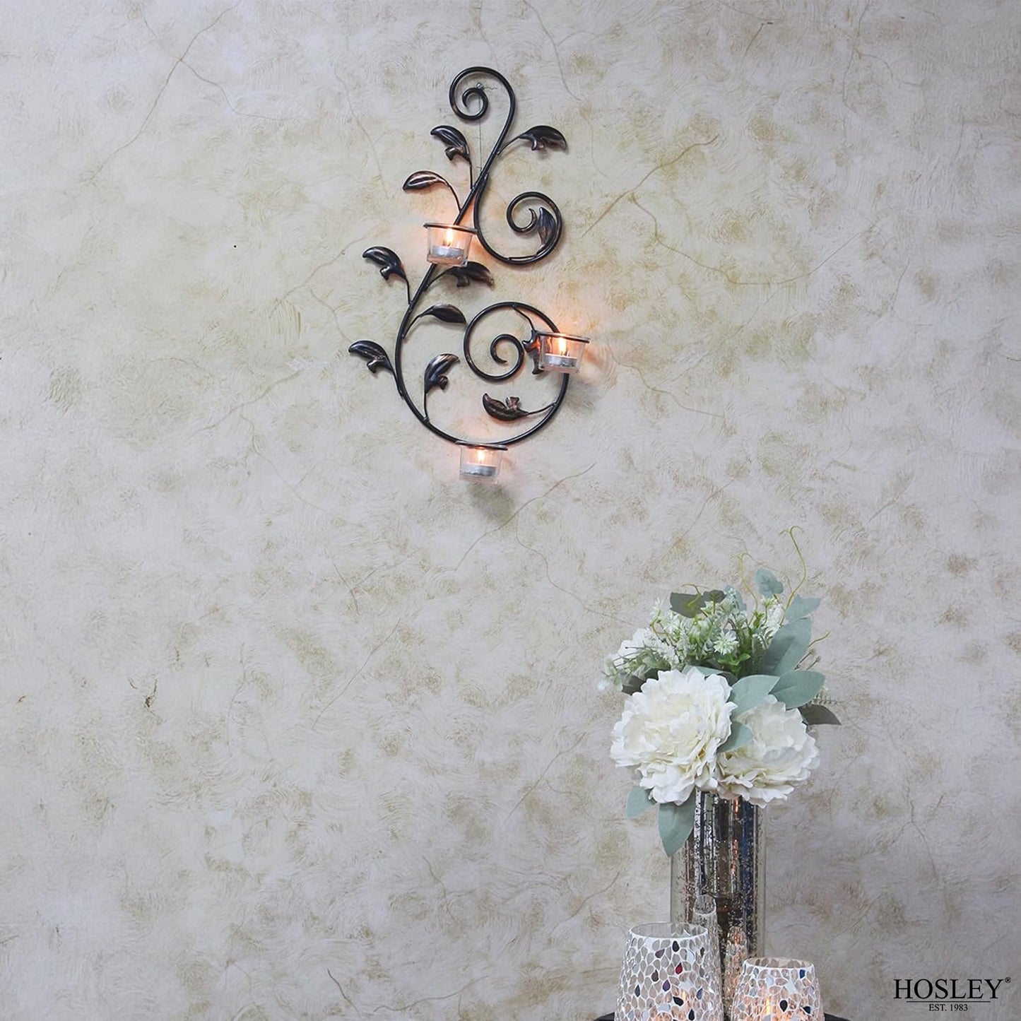 Hosley Set of 2 Iron Leaf Wall Sconce Set with Tealights 18" High Large Scale Wall Decor Elegant Iron Sconces for Home Decorative Metal Leaf Design Perfect for Modern