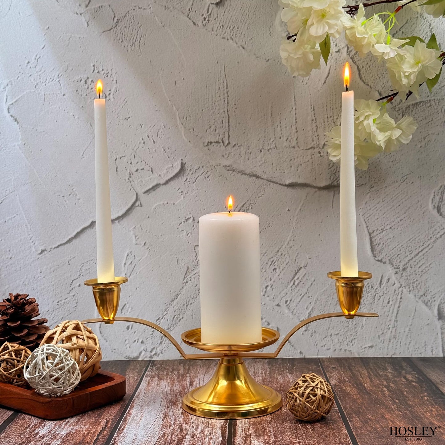 Hosley Gold Metal Unity Candle Holders for Wedding Ceremony Set. Unity Center with Two Taper Candle Holders