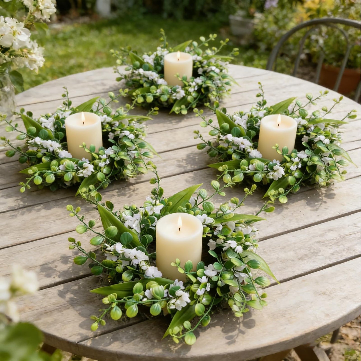 6 Pcs Green Boxwood Candle Rings Wreaths Mini Spring Summer Forsythia Wreath for Front Door Artificial Rings Wreaths with White Flowers for Pillar Porch Wall Window Farmhouse All Seasons Decor