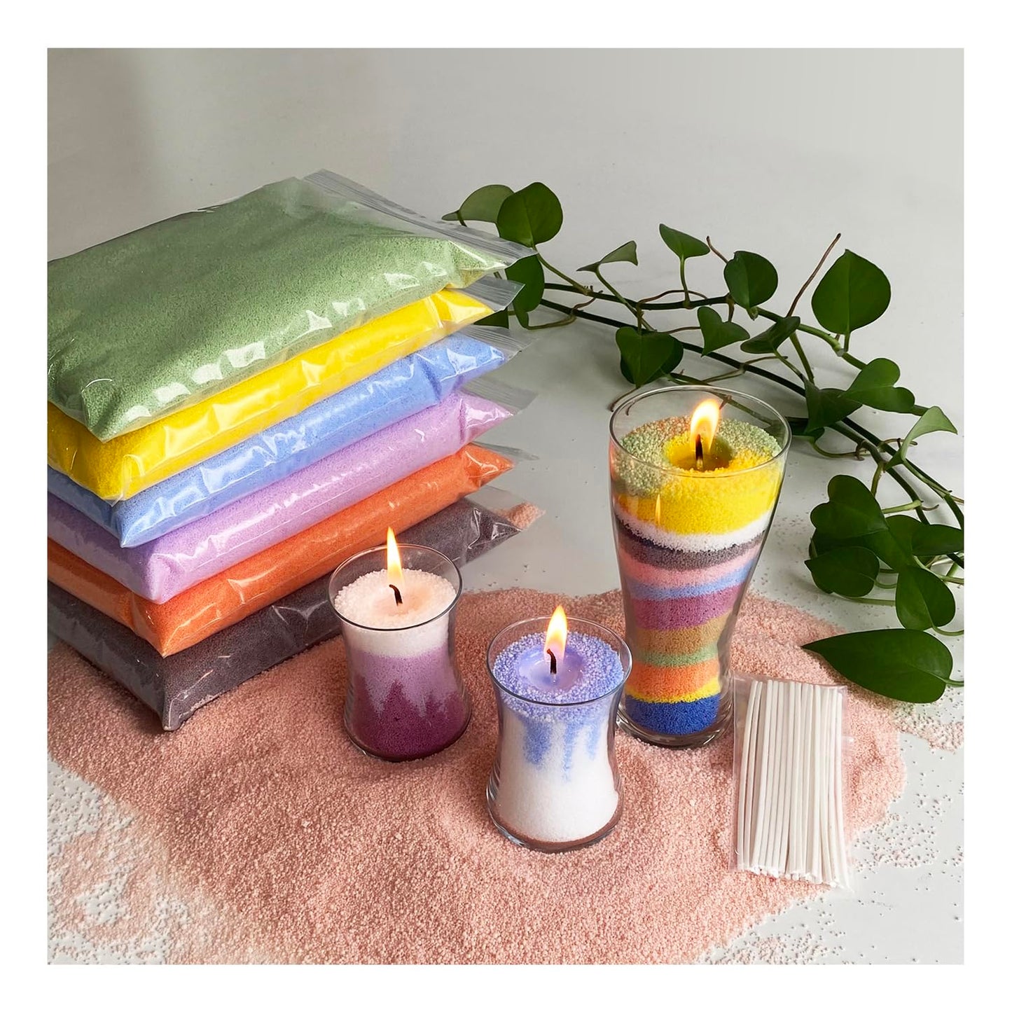 VITARIE Refillable Pearled Candle Sand 18oz, Unscented, 30 Cotton Wicks, 1.1lb Long Burning, Candle Making Kit, Green