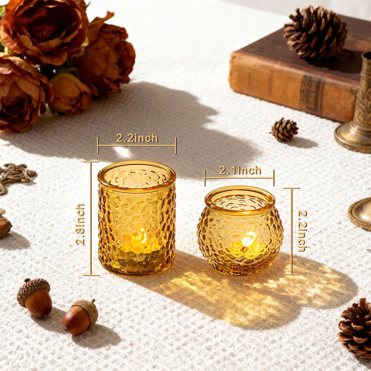 24-Piece Amber Glass Votive Candle Holders Set – Tealight Candle Holder Glass Bulk with 12 Round & 12 Hammered Textured Cups, Amber Votive Candle Holders for Weddings, Parties, Home