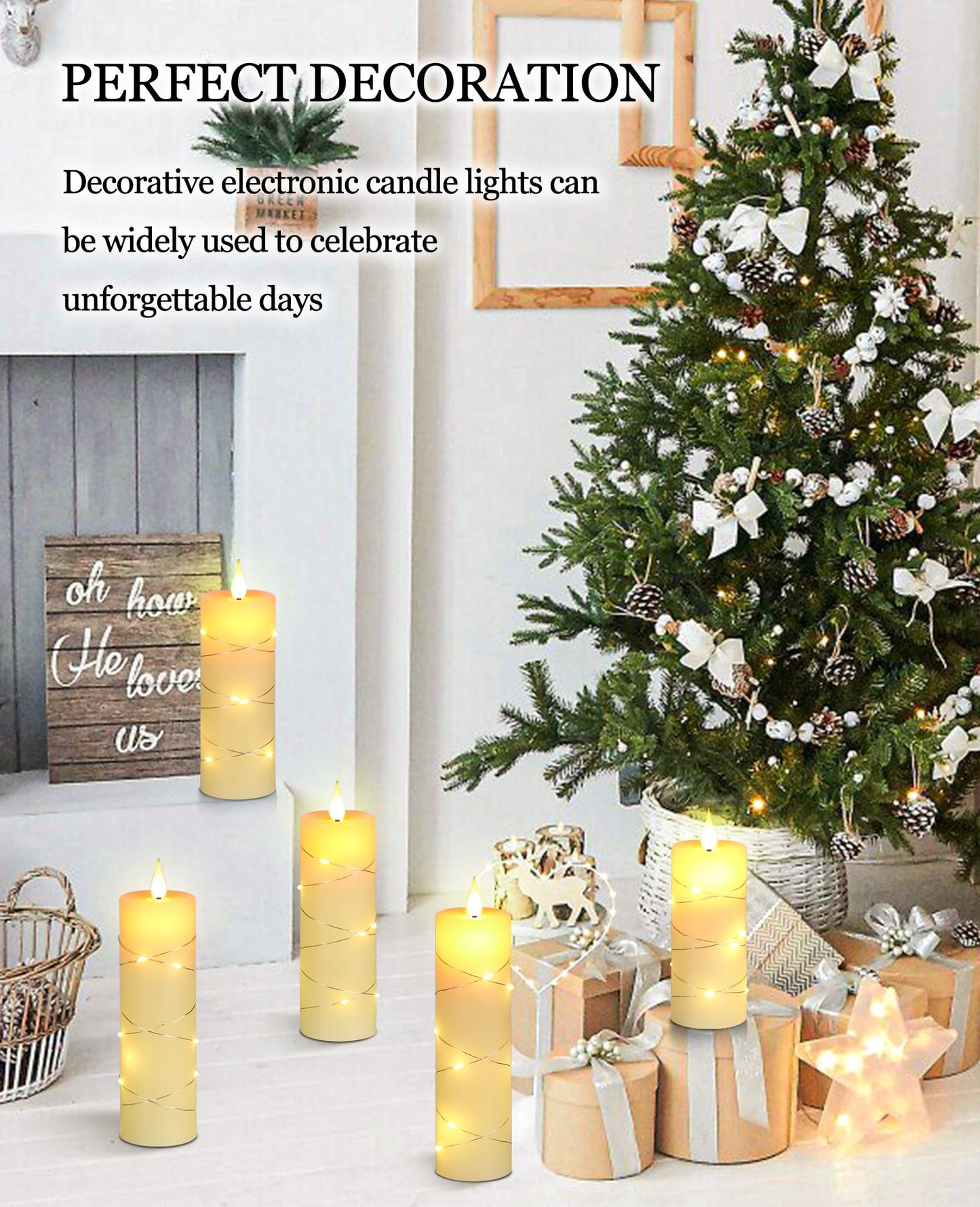 Upinmz Flickering Flameless Candles with Embedded String Lights, Battery Operated Candles with Remote Control and Timer,LED Candles for Home Decoration,Real Wax, 5 Pack Ivory
