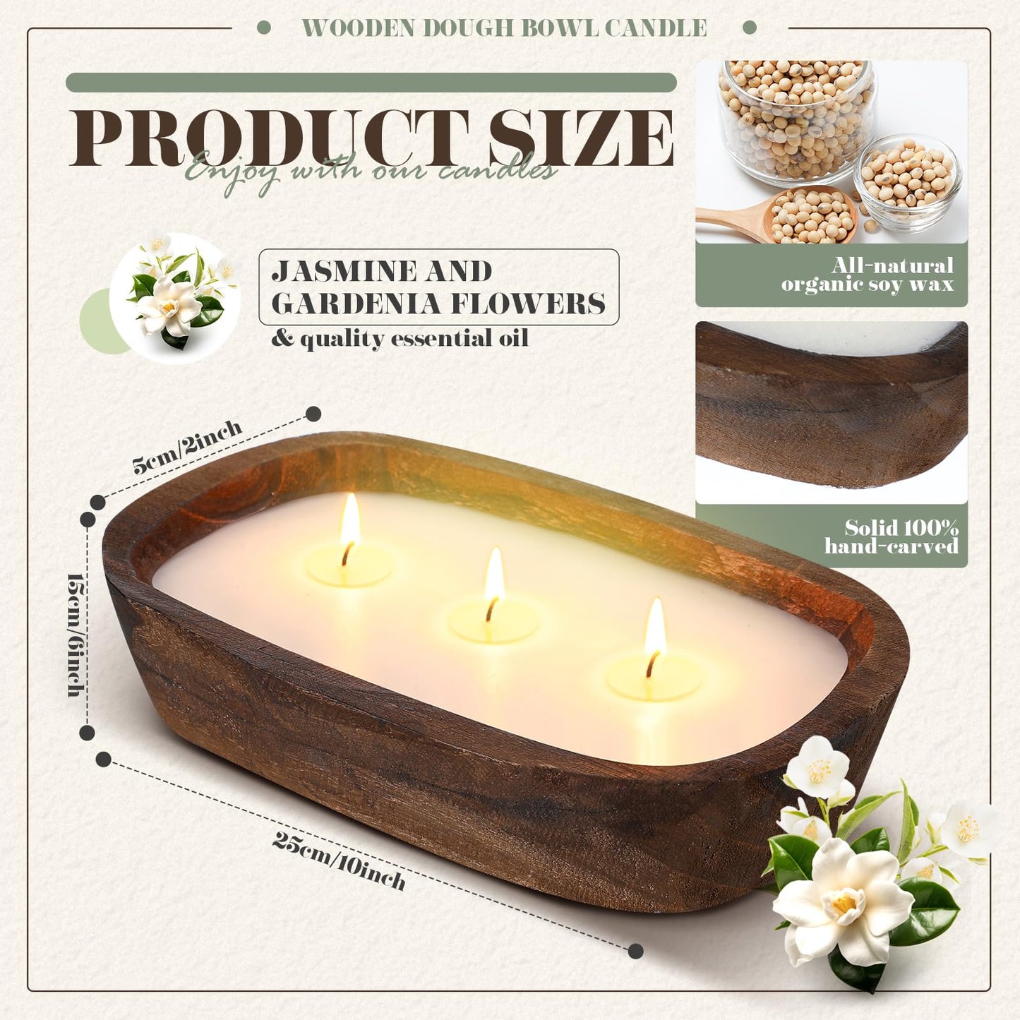 Threlaco 1 Pack 10 Inch Wood Dough Bowl Candles Home Rustic Dough Bowl Soy Candle 3 Wick Scented Candles Gifts for Men Women Farmhouse Table Centerpiece Home Decor for Christmas(Jasmine Gardenia)