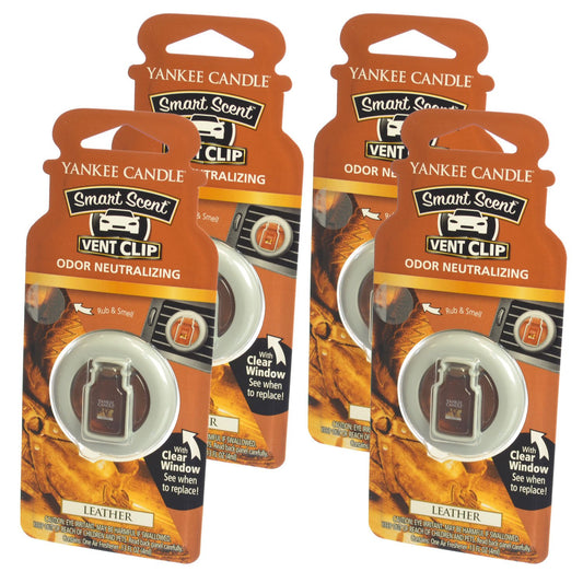 Yankee Candle Smart Scent Vent Clip Odor Neutralizing Car Air Freshener, Leather (Pack of 4)