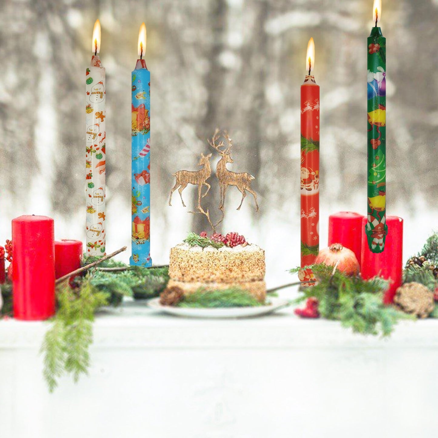 XINAOBAOLUO Taper Candles Christmas Printed 4 PCS 10 Inch Tall Unscented Handmade Tapered Candles for Christmas Dinner Household Wedding Party Housewarming Home Decor