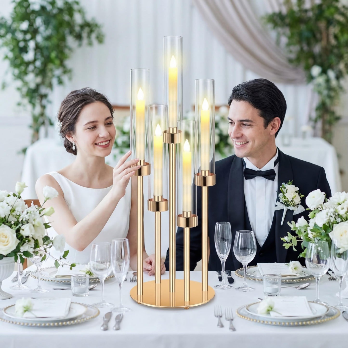 Tandefio 2 Set Gold Candelabra Centerpieces for Tables, 26.8 Inch 5 Arm Candle Holders with LED Candles and Acrylic Cylinders, Tall Acrylic Wedding Table Centerpieces for Reception Dinner Party Decor