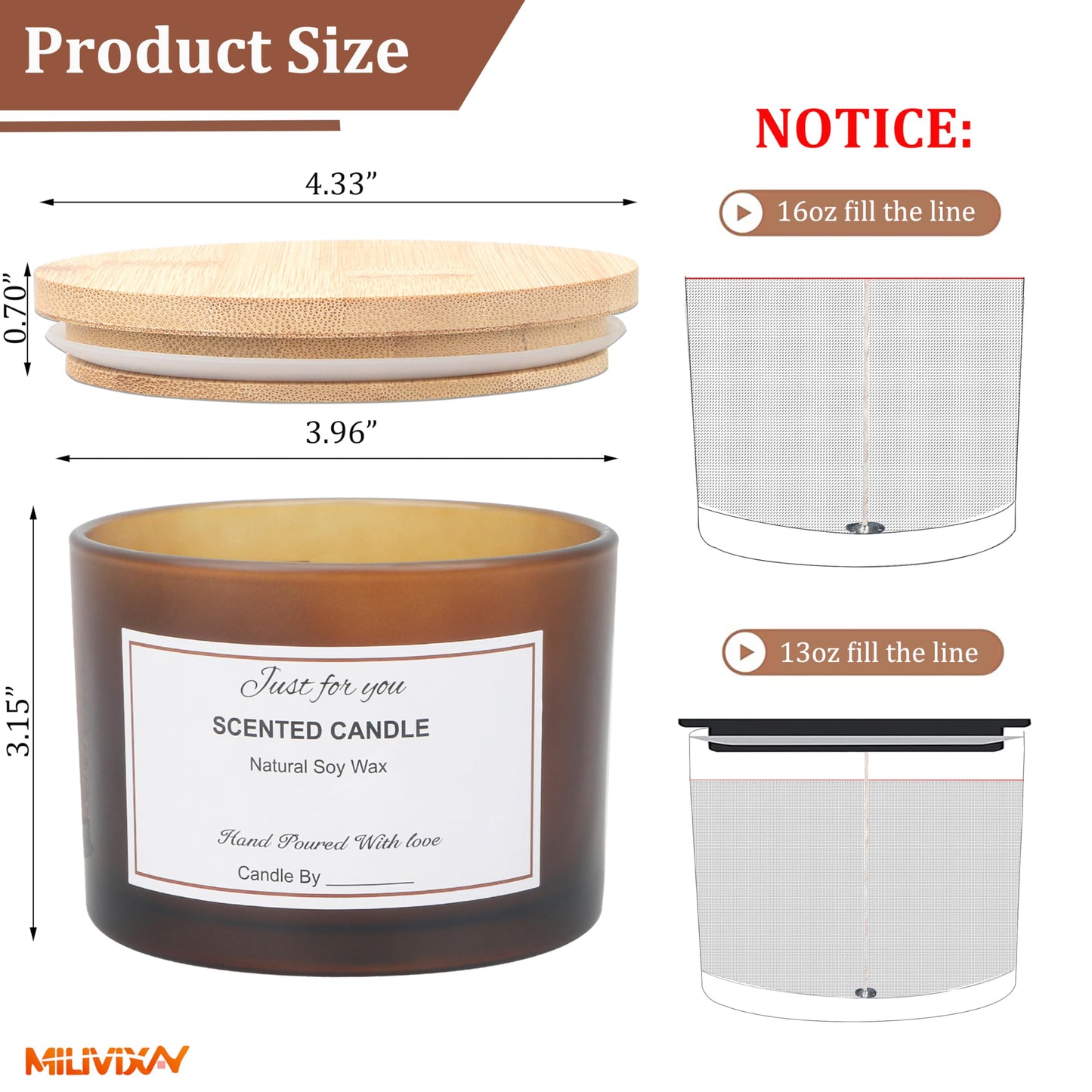 MILIVIXAY 6 Pack 16 oz Candle Jars with Bamboo Lids and Candle Making Kits - 3 Wick Candle Jar,Bulk Empty Frosted Amber Thick Glass Jars for Making Large Candles - Spice, Powder Containers.